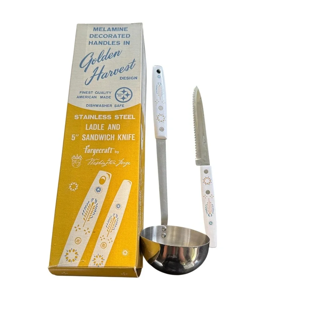 Vintage Forgecraft Golden Harvest Stainless Steel Kitchen Utensil Set with Rack